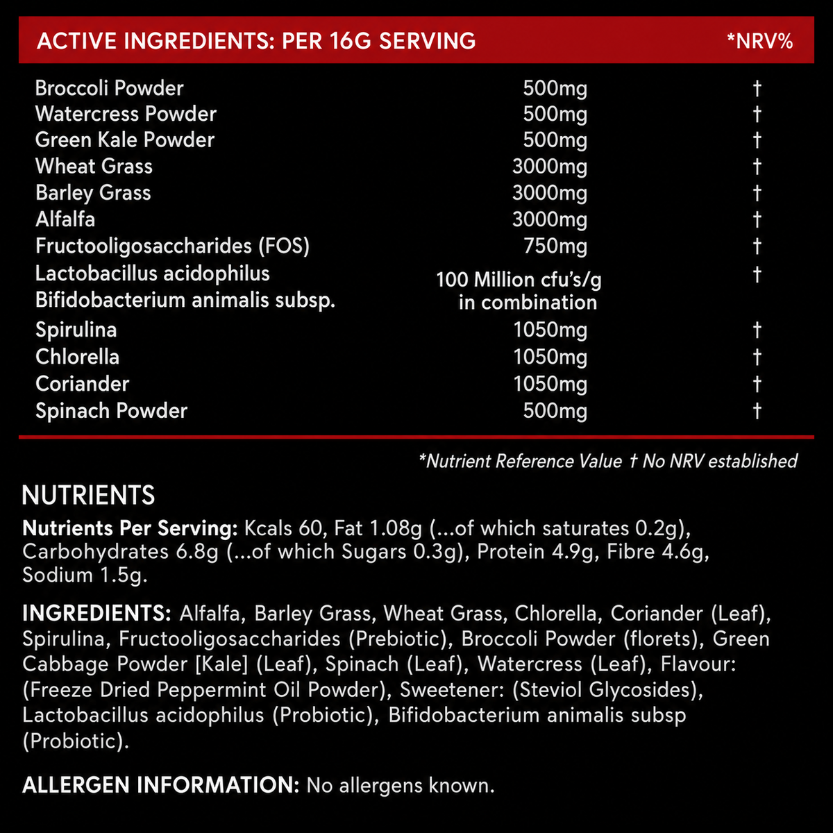 Greens Drink with Prebiotic & Friendly Bacteria - Mint (500g Powder) - product label