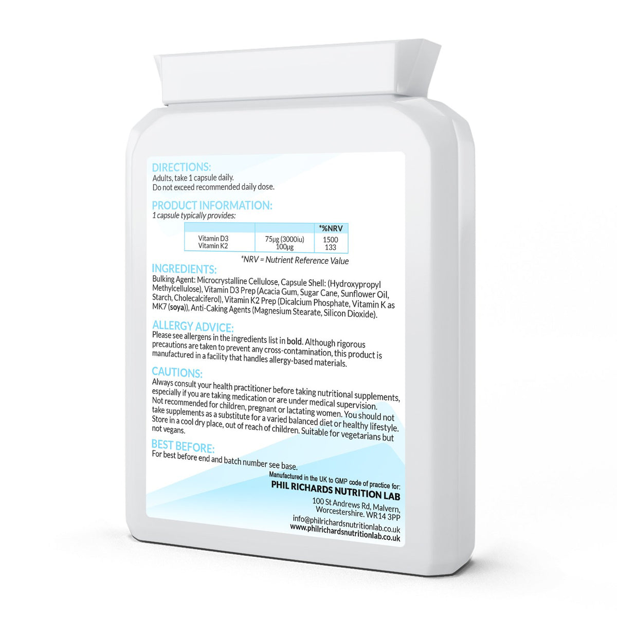 Vitamin D3 3000 IU and Vitamin K2 100ug MK7 (90 Capsules) - back angled view