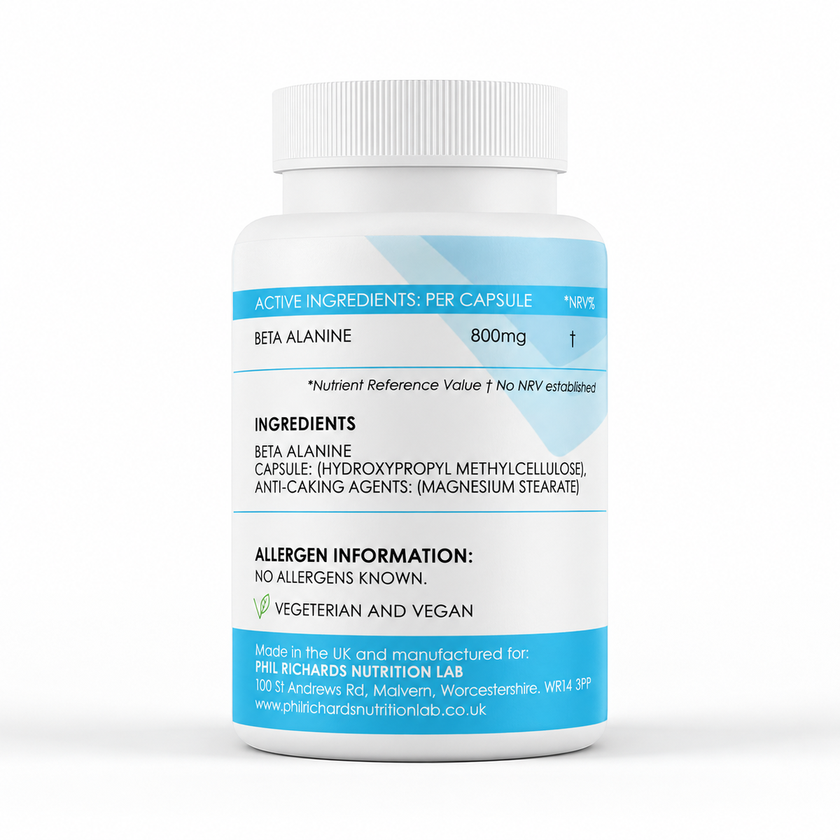 Beta-Alanine (800mg x 120 Capsules) - ingredients label