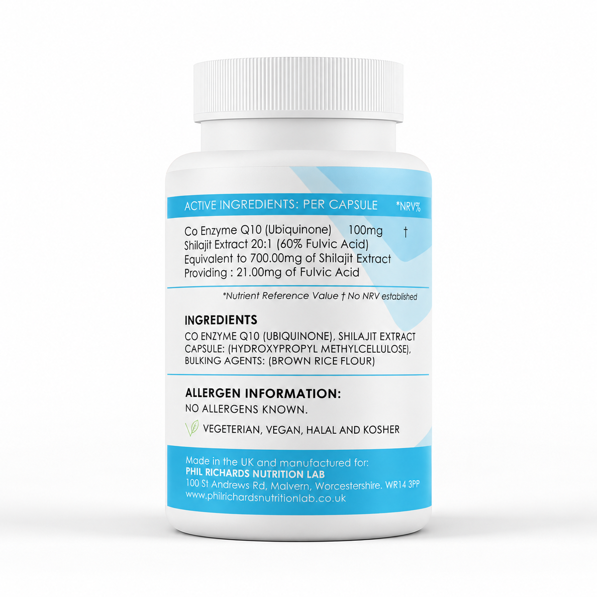 CoQ10 and Shilajit (100mg x 120 Capsules) - ingredients label