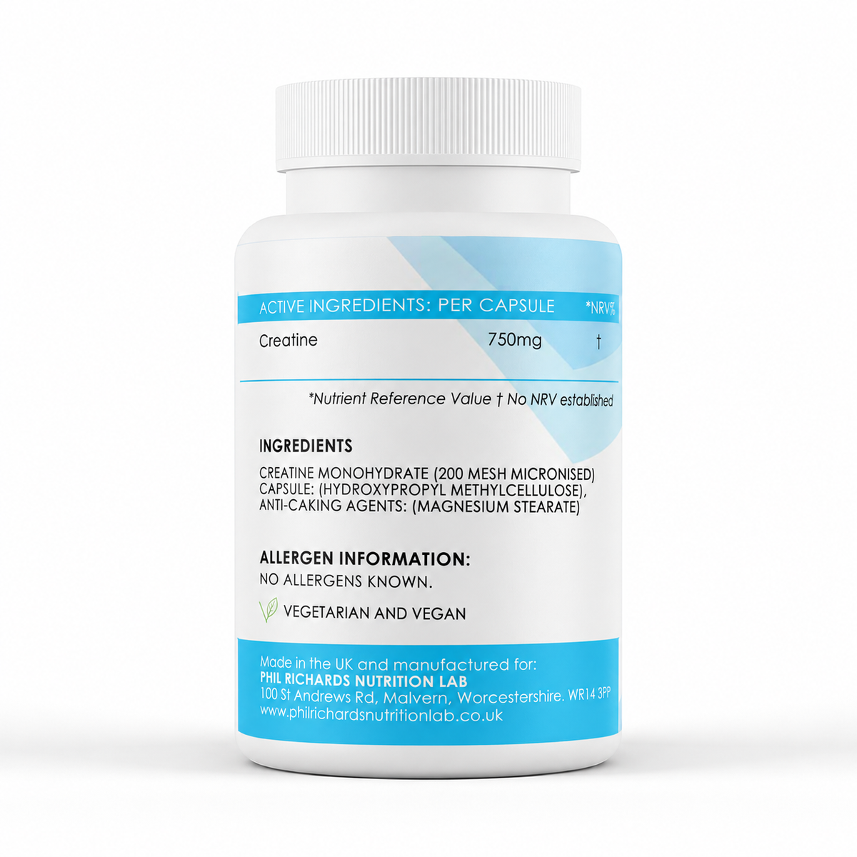 Creatine Monohydrate (750mg x 120 Capsules) - ingredients label
