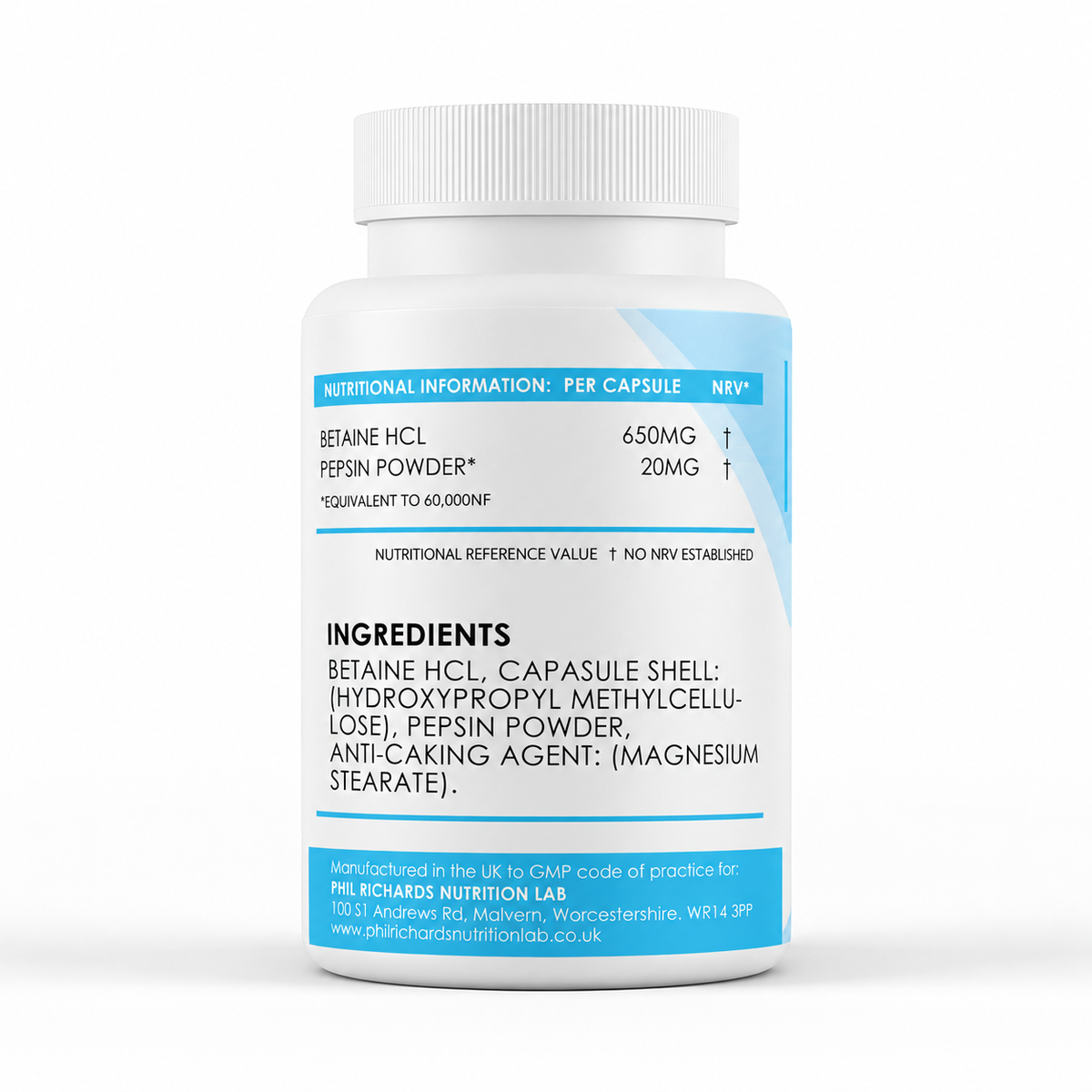 HCL & Pepsin (120 Capsules) - ingredients label