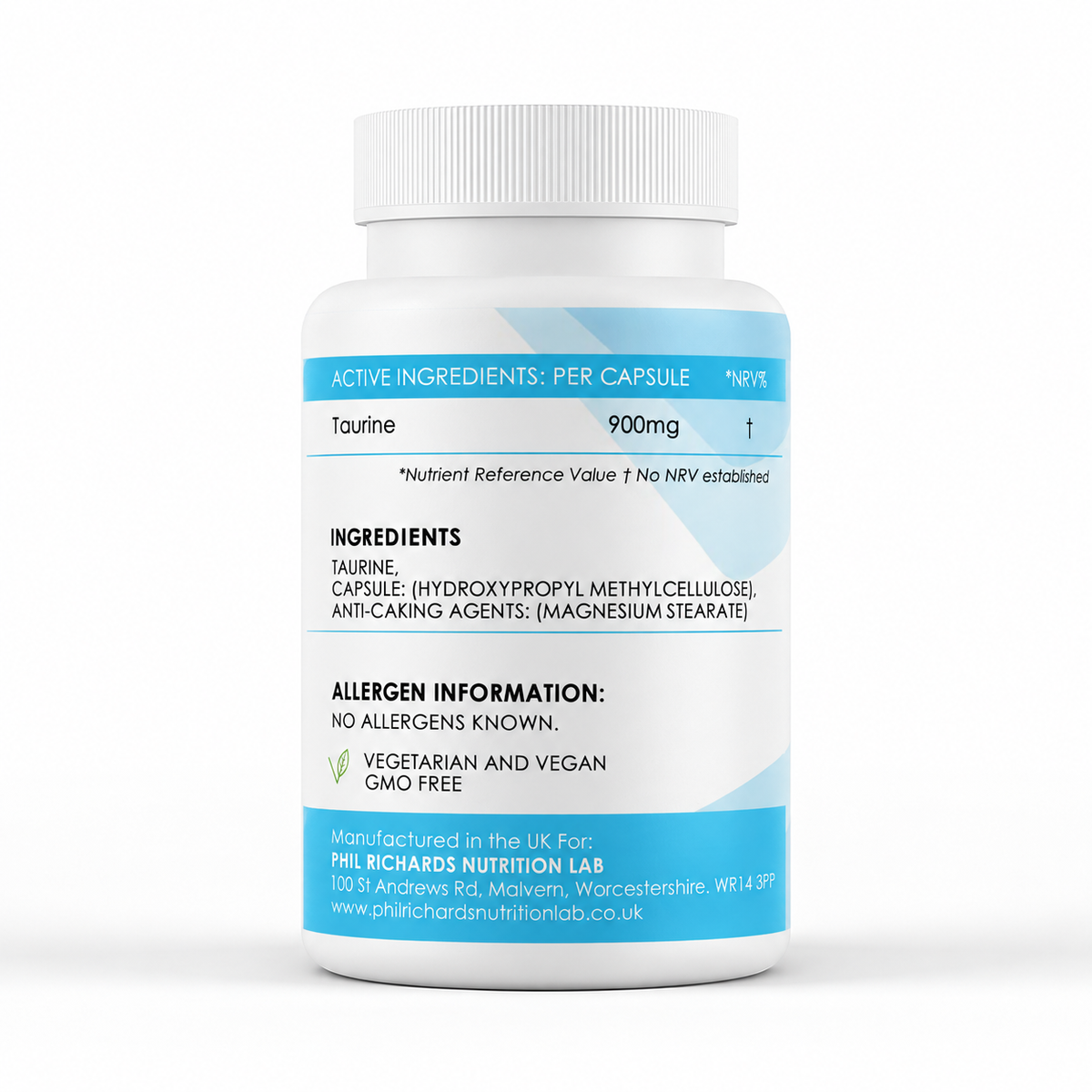 Taurine (900mg x 120 Capsules) - ingredients label