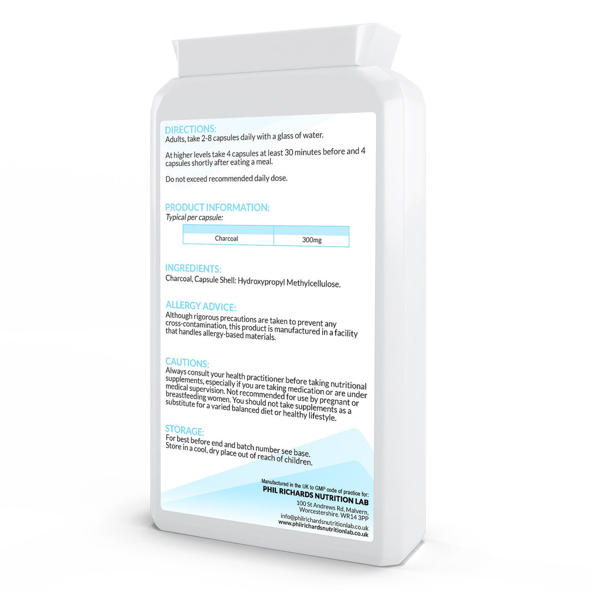 Activated Charcoal Power (300mg x 120 Capsules) - back angled view
