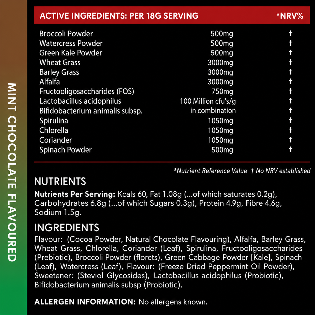 Greens Drink with Prebiotic & Friendly Bacteria - Mint Chocolate (500g Powder) - product label