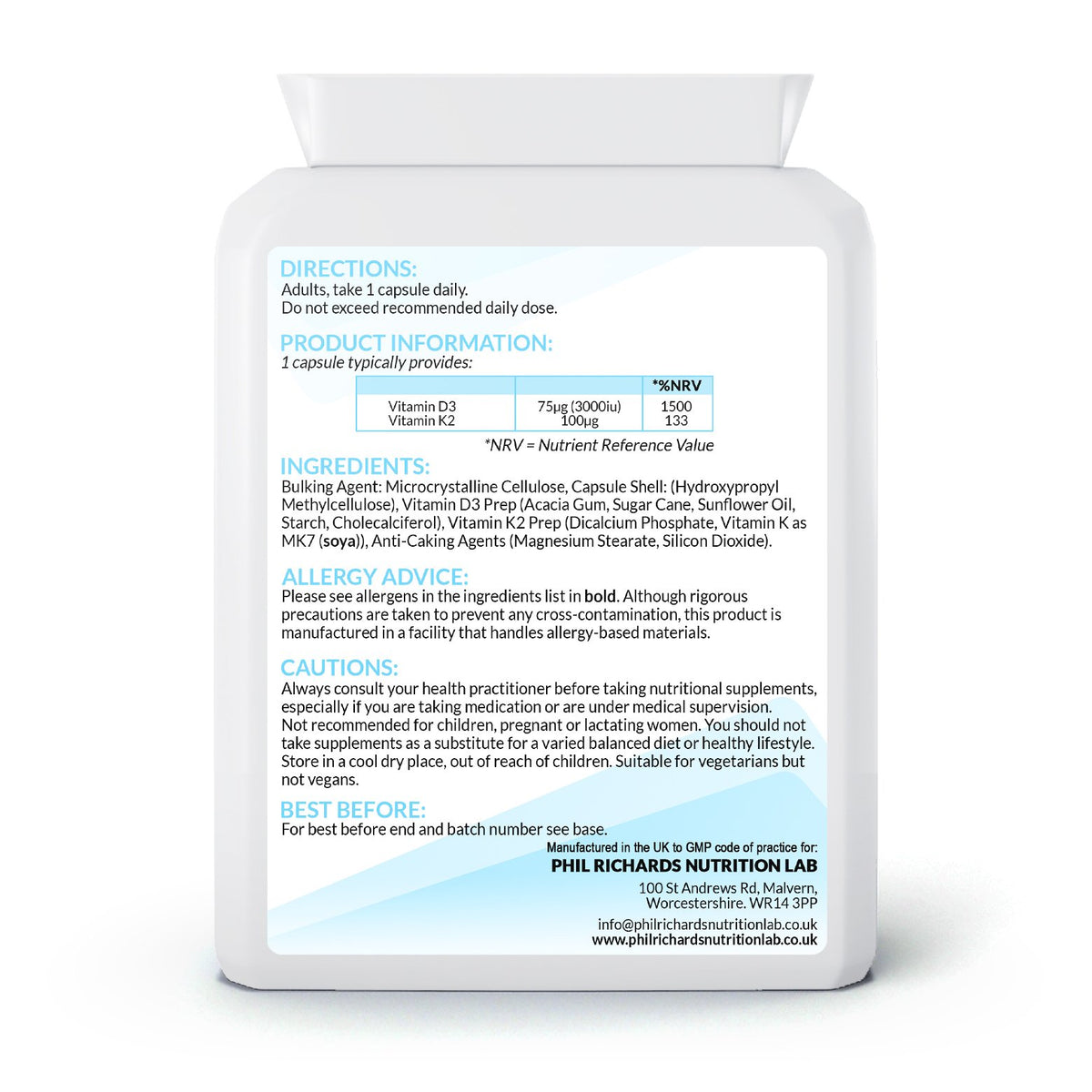 Vitamin D3 3000 IU and Vitamin K2 100ug MK7 (90 Capsules) - back label