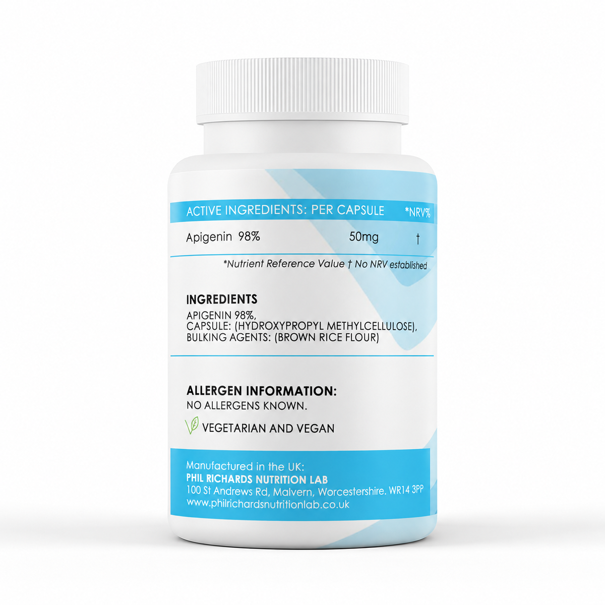 Apigenin 98% (50mg x 120 Capsules) - ingredients label