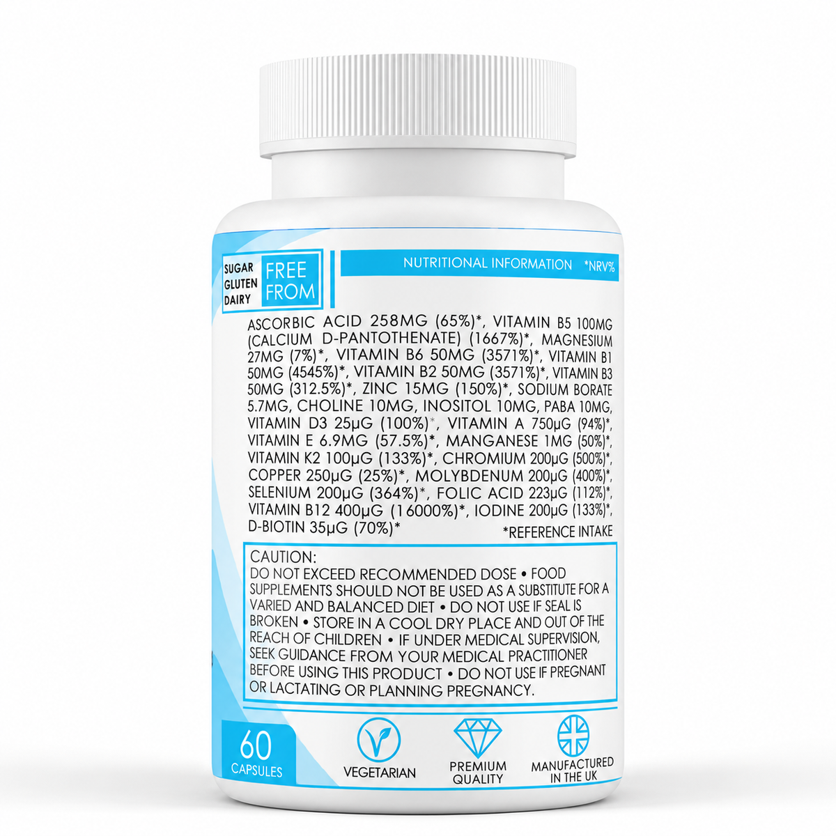 Ultimate Multi Vitamin & Mineral without iron (60 Capsules) - directions label