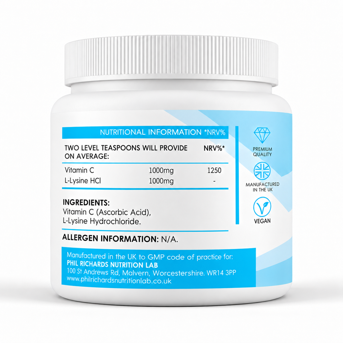 Vitamin C Plus Lysine (240g Powder 60 servings) - ingredients label