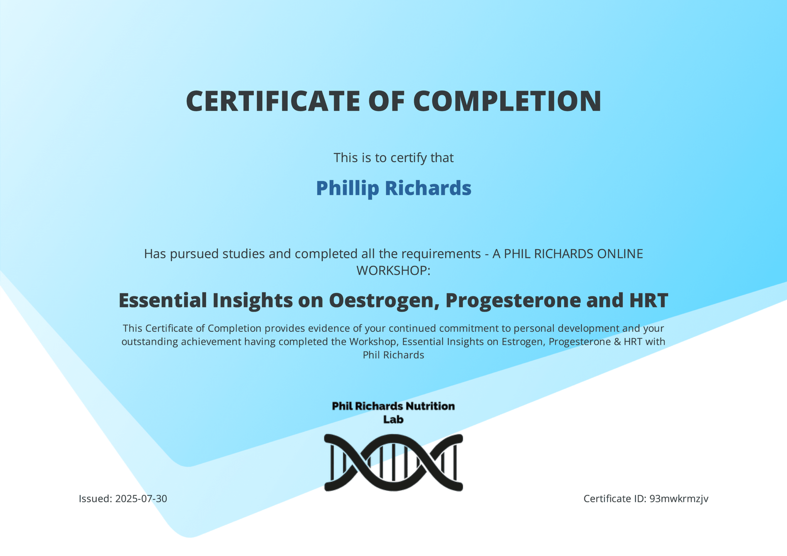 Course Certificate Preview -  Phil Richards Course Completion