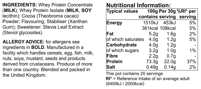 Whey More Chocolate Product Info Label